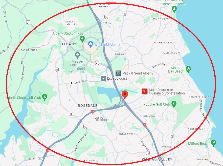 Area within easy range of Kiwi self storage rosedale