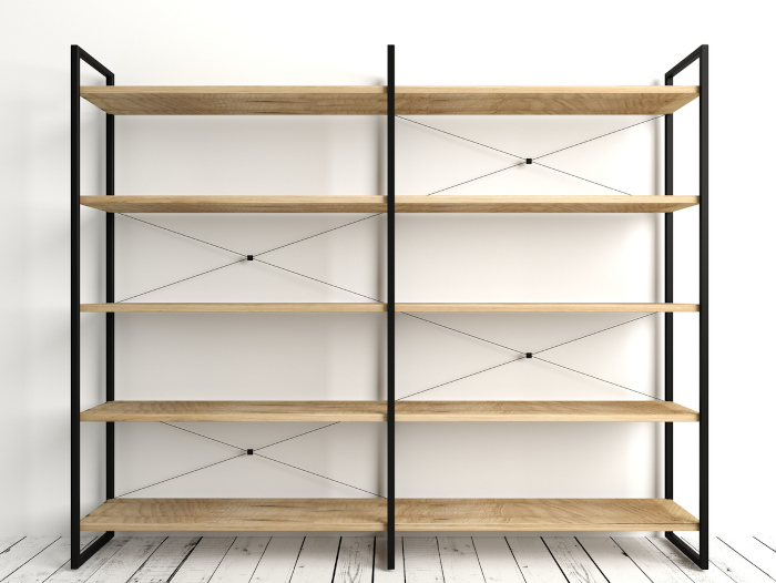Shelving with metal frame and wooden shelves