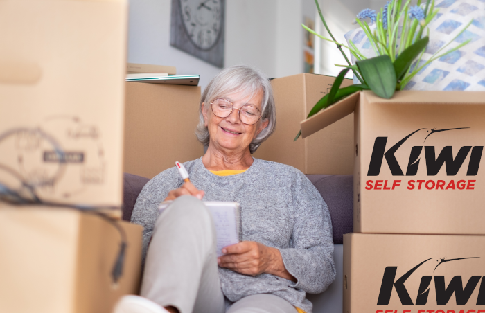 Storer in living room surrounded by boxes